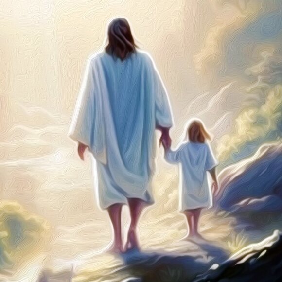 Jesus Christ with Child Walking Towards Paradise Oil Painting Art Print - Picture 1 of 7